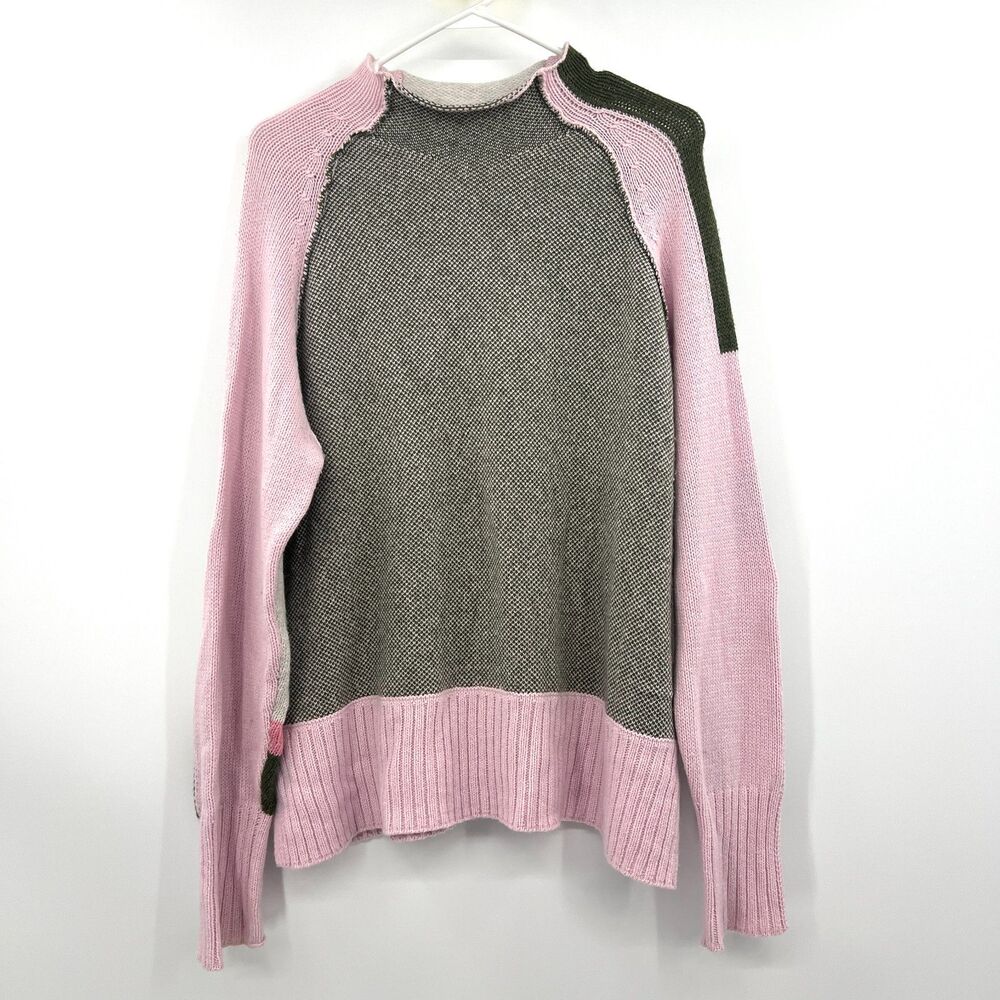 Zaket & Plover XL Merino Wool Blend Colorblock Knit Sweater Pink Gray Green